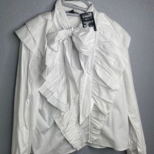 White ruffled bow tie shirt